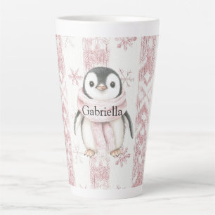 Caneca De Café Latte Pinguim Rosa Flocos de Neve Natal