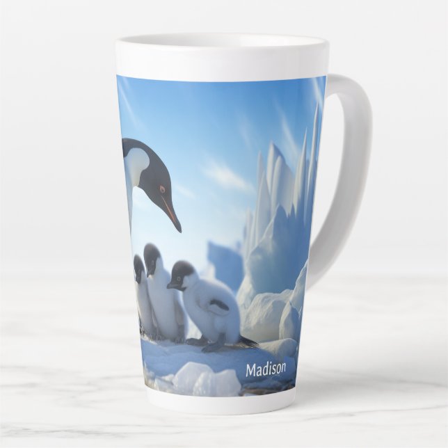 Caneca De Café Latte Pinguins de Cubo de Nome Personalizado (Ângulo direito)