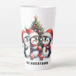 Caneca De Café Latte Pinguins de Natal Festivos Monogramados