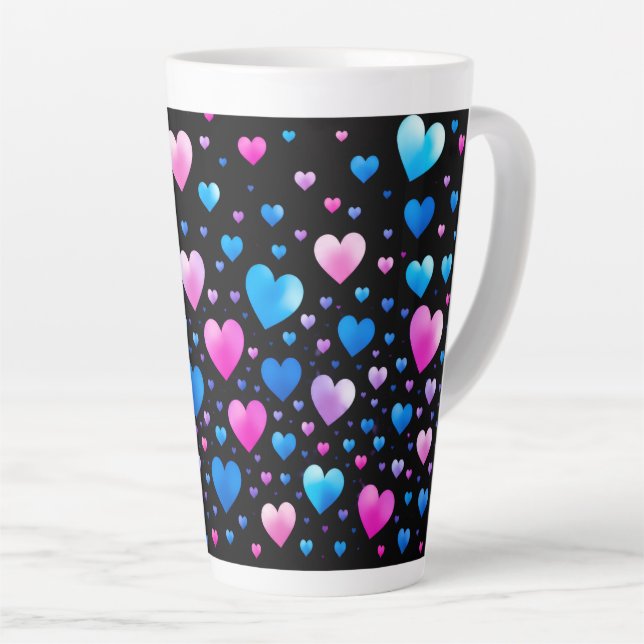 Caneca De Café Latte Pink & Blue Glowing Hearts  (Ângulo direito)
