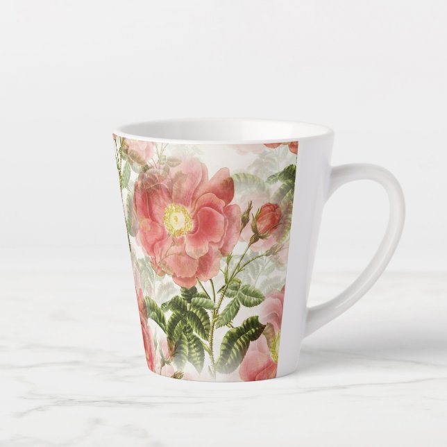 Caneca De Café Latte Pink Camellia Floral Patterno (Direita)