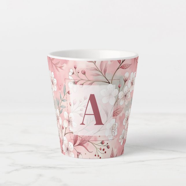 Caneca De Café Latte Pink cherry blossom monogram (Frente)