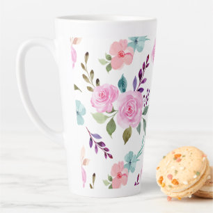 Caneca De Café Latte Pink Flor Watercolor sem costura