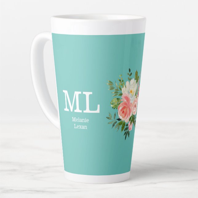 Caneca De Café Latte Pink Floral and Teal Monogram    (Ângulo esquerdo)