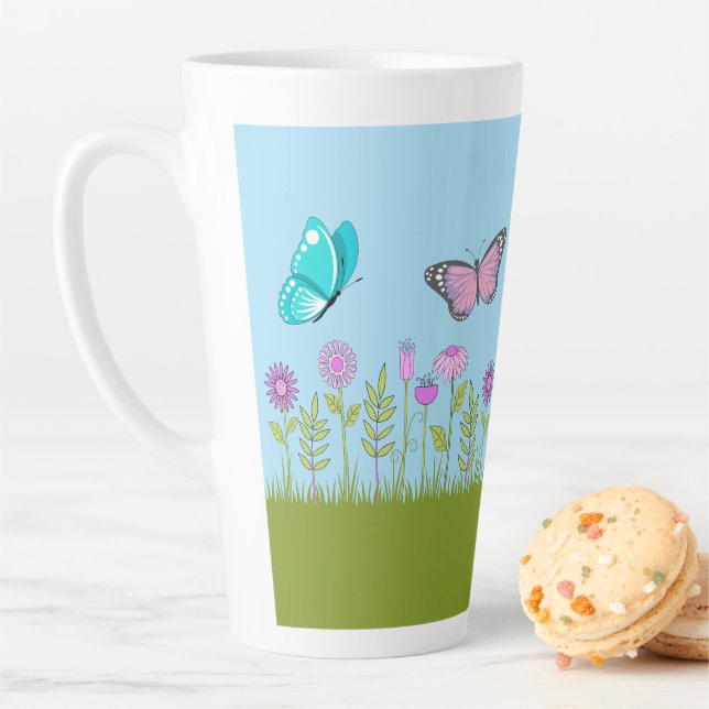 Caneca De Café Latte Pink Flowers and Butterfly All-Over Print  (In Situ)