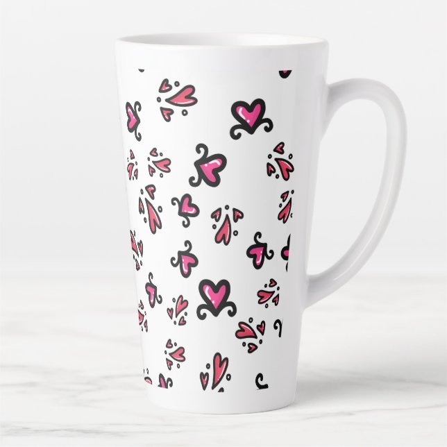 Caneca De Café Latte Pink Hearts Pattern – Cute Doodle Design (Direita)