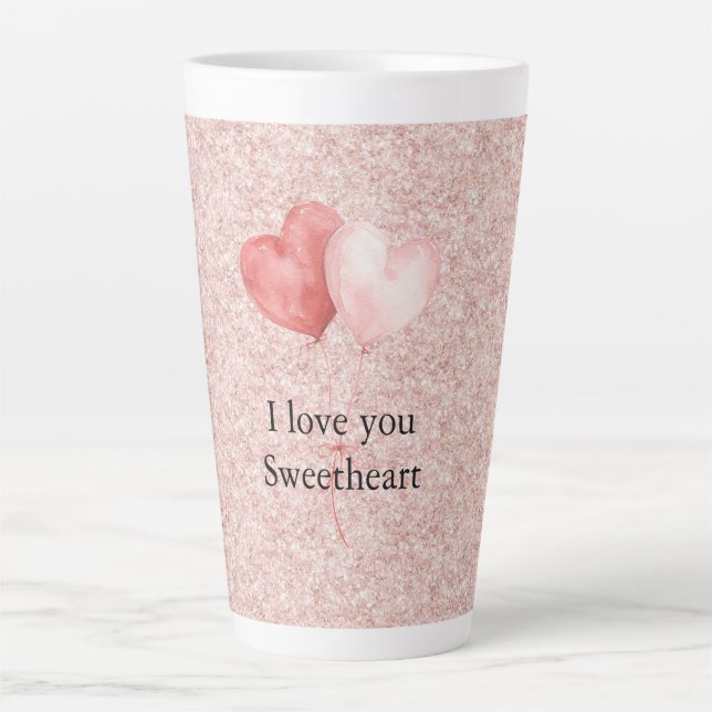 Caneca De Café Latte Pink Red Heart Balloons Glitter Sweetheart (Frente)