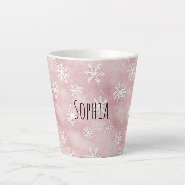 Caneca De Café Latte Pink White Snowflakes Christmas (Frente)