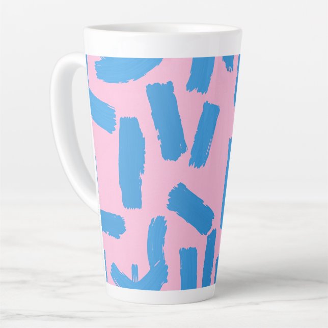 Caneca De Café Latte Pink with Blue Brushstroke Pattern (Ângulo esquerdo)