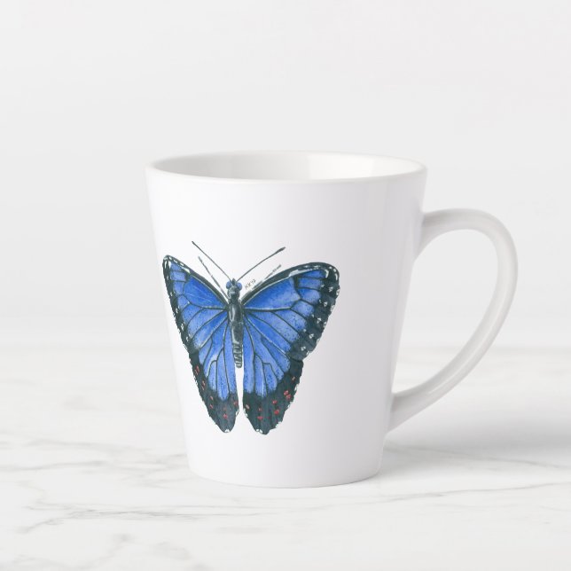 Caneca De Café Latte Pintor aquoso da borboleta Azul Morpho (Direita)