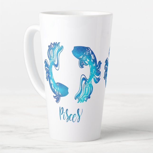 Caneca De Café Latte Pisces zodiac sign bright light blue glitter fish (Ângulo esquerdo)