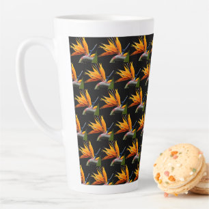 Caneca De Café Latte Planta Ave do Paraíso Laranja Padrão em Preto