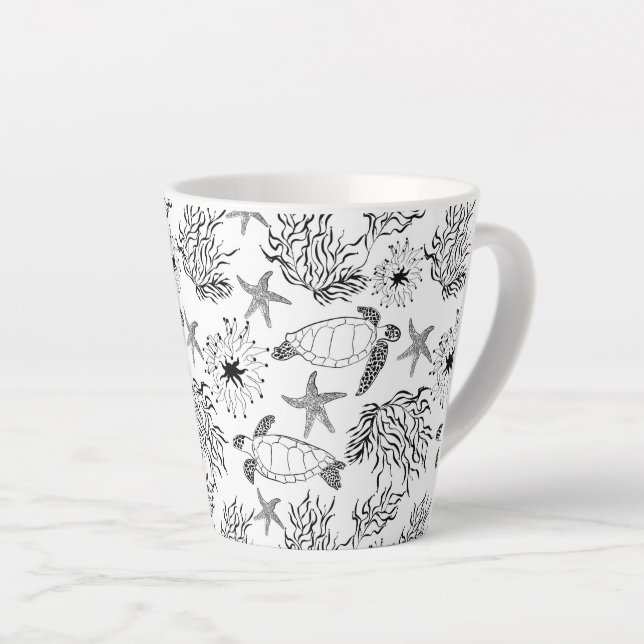 Caneca De Café Latte Plantas de tartaruga oceânica submarina sem água (Ângulo direito)