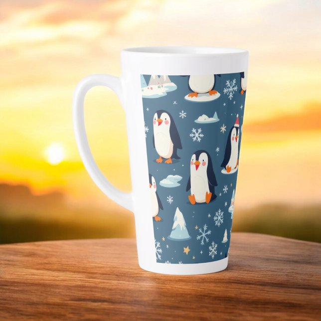 Caneca De Café Latte Playful Penguin Pattern (Criador carregado)