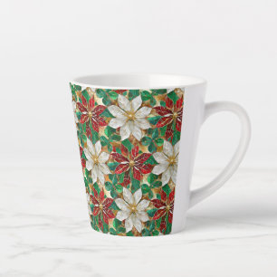 Caneca De Café Latte Poinsétia Branco Vermelho Verde Dourado