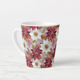 Caneca De Café Latte Poinsettias de Natal Rosa Douradas Brancas