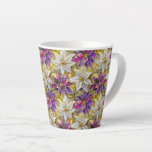 Caneca De Café Latte Poinsettias de Natal Rosa Roxo Dourado Branco