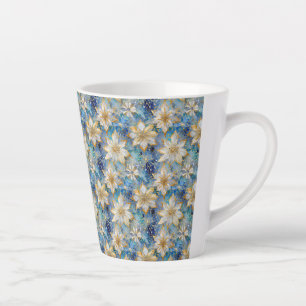 Caneca De Café Latte Poinsettias Douradas de Natal Azul