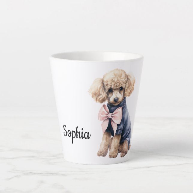 Caneca De Café Latte Poodle Chic em Rosa e Azul (Frente)