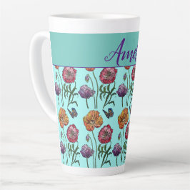 Caneca De Café Latte Poppy Poppies Red Chique Aqua Flores Florais