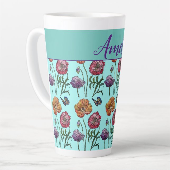Caneca De Café Latte Poppy Poppies Red Chique Aqua Flores Florais (Ângulo esquerdo)