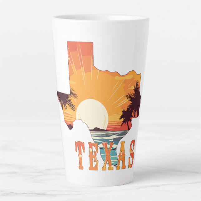 Caneca De Café Latte Pôr do sol na praia do contorno do estado do Texas (Frente)