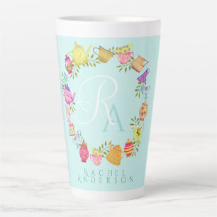 Caneca De Café Latte Potes de chá e copos Monograma Pastel Blue Mug