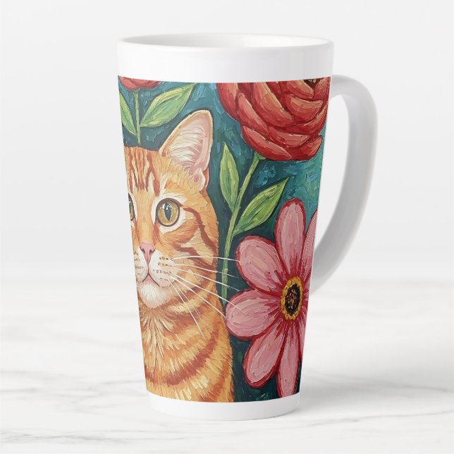 Caneca De Café Latte Povo de Gato Laranja Arte Floral (Ângulo direito)