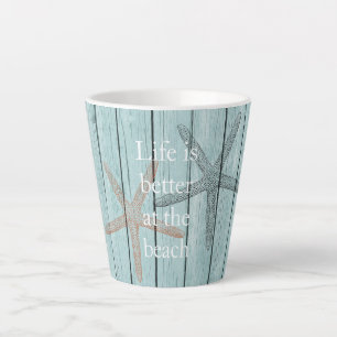 Caneca De Café Latte Praia Blue Faux Wood Starfish