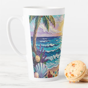 Caneca De Café Latte Praia Impasto e Vidro Marinho Pôr do Sol e Nascer 