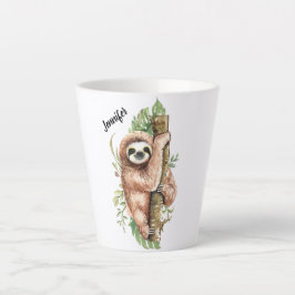 Caneca De Café Latte Preguiça & Folhas Tropicais em Aquarela Fofa
