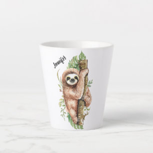 Caneca De Café Latte Preguiça & Folhas Tropicais em Aquarela Fofa