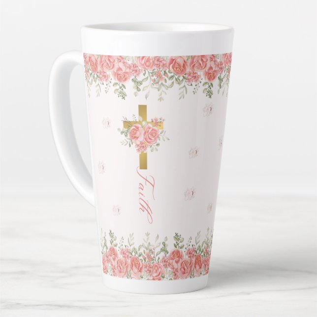 Caneca De Café Latte Presente de Fé Cruz Floral (Ângulo esquerdo)