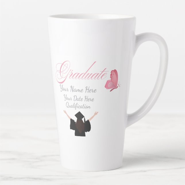 Caneca De Café Latte Presente Personalizado de Graduação Rosa, Nome Cus (Direita)