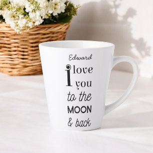 Caneca De Café Latte Preto Branco Eu amo você até a lua Tipografia