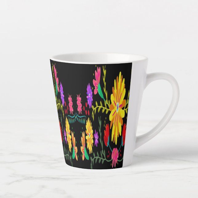 Caneca De Café Latte Preto com flores brilhantes (Direita)