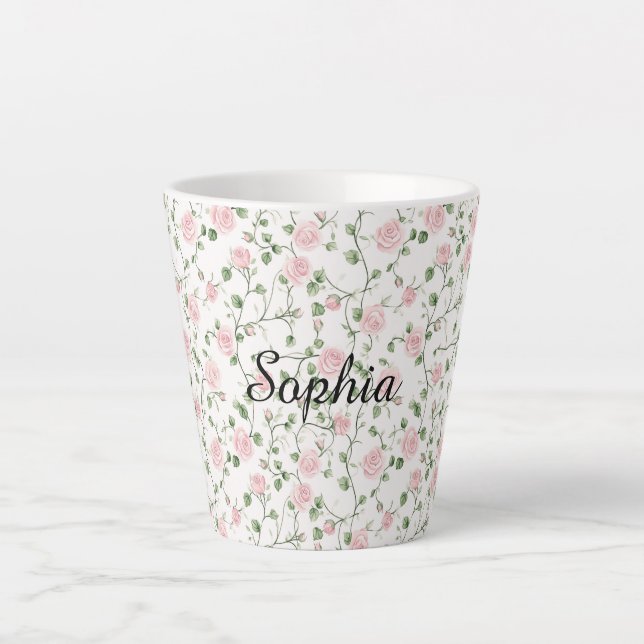 Caneca De Café Latte Pretty Pink Roses Floral   (Frente)