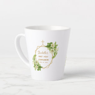 Caneca De Café Latte Primeira Comunhão Lírios Florais Cruz Dourada Geom