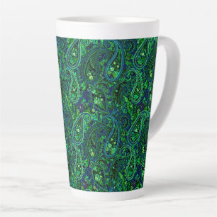 Caneca De Café Latte Profusão Paisley Floral Vibrante Azul Verde  
