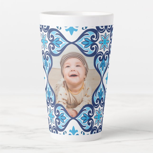 Caneca De Café Latte Própria imagem, Azulejos azuis e brancos  (Frente)