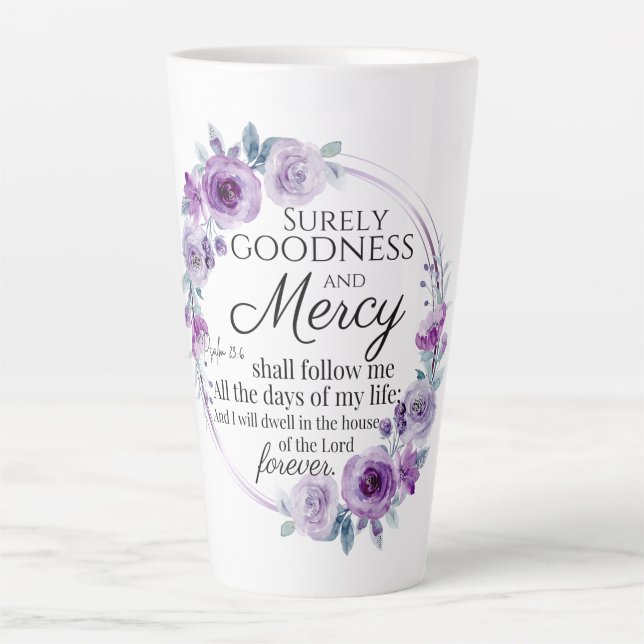 Caneca De Café Latte Psalm 23:6 Inspirational Bíblia Verso Roxo Floral (Frente)