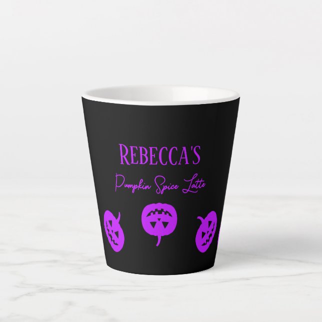 Caneca De Café Latte Pumpkin preto e roxo de Halloween (Frente)