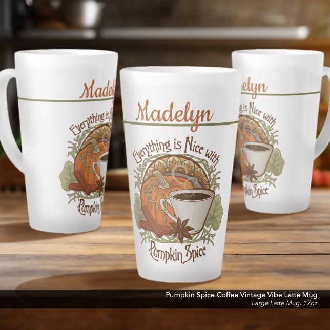 Caneca De Café Latte Pumpkin Spice Coffee Vibe Personalizado (Pumpkin Spice Coffee Vintage Vibe Latte Mug–Personalized with Your Name–Large 17 oz. Size)