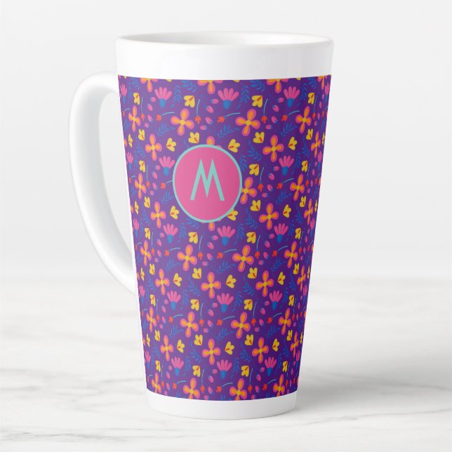 Caneca De Café Latte Purple Fiesta Floral Personalizada Inicialmente (Ângulo esquerdo)