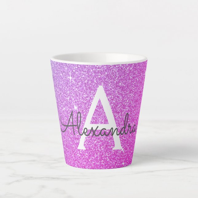 Caneca De Café Latte Purple Pink Sparkle Monograma Nome Inicial (Frente)