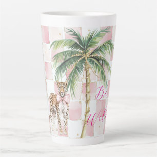 Caneca De Café Latte Quadrados Cinzentos Dourados Palmeiras Leopardo-de