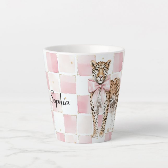 Caneca De Café Latte Quadrados de Arco rosa-leopardo (Frente)