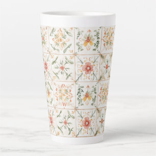 Caneca De Café Latte Quadrados Florais Rosa Amarelo