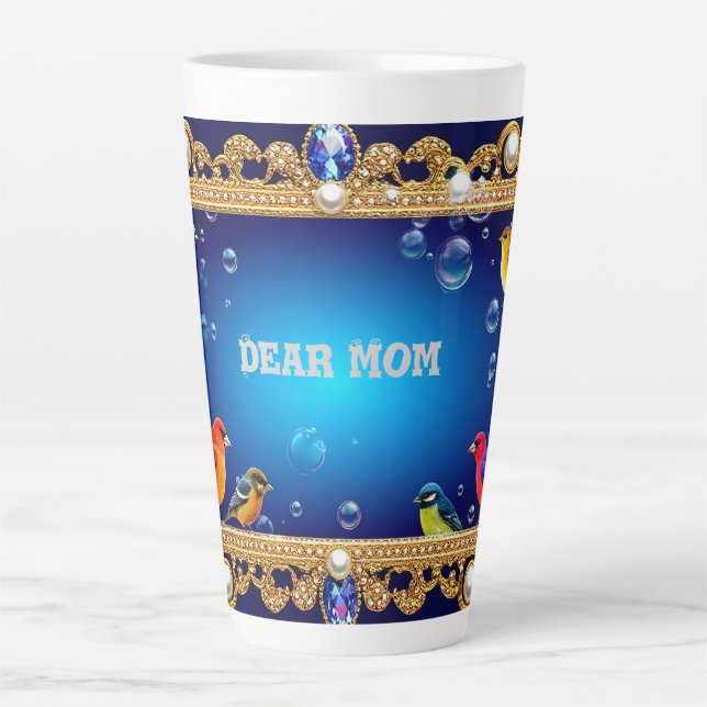 Caneca De Café Latte Quadro de Ornamentados Elegante com Aves Vibrantes (Frente)