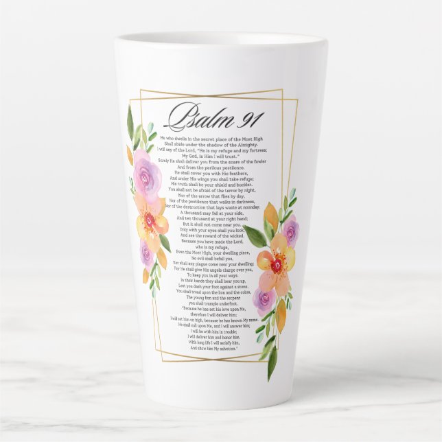 Caneca De Café Latte Quadro Geométrico Floral Psalm 91 (Frente)